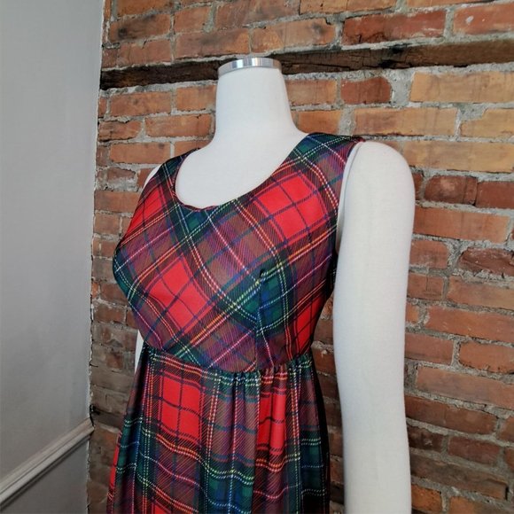 Vintage 1970s Plaid Dress Polyester Red Green White Maxi Empire Waist  Size 9 - Picture 3 of 7